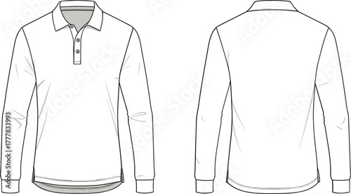 White long sleeve polo shirt front and back flat sketch clothing apparel
