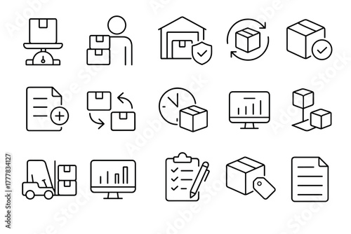 Warehouse and logistics icon set delivery, packaging, and inventory management symbols