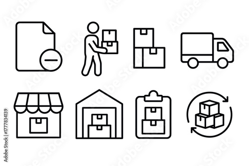 Logistics icon set warehouse, delivery, store, and inventory management symbols
