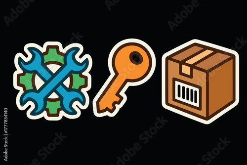 Colorful stickers of tools, key, and package box on black background