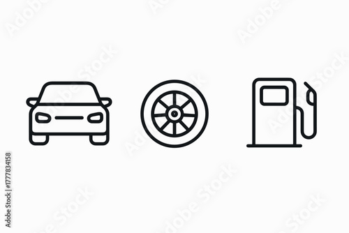 Car, wheel, and fuel pump icons in minimalistic linear style