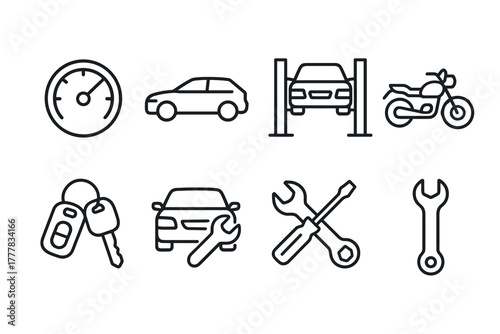 Linear automobile maintenance icons set with car, motorbike, and tools