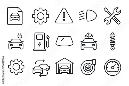 Automotive icon set featuring car maintenance, electric charging, safety, and more in linear style