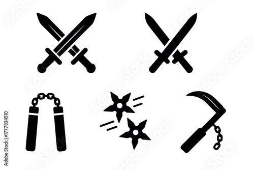Silhouette martial arts icons swords, stars, nunchaku, sickle