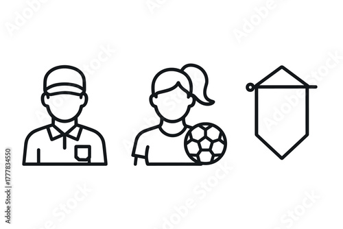 Linear icons of male and female soccer players with pennant in minimal design