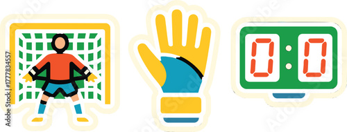 Bright neon icons of soccer goalkeeper, glove, and digital scoreboard