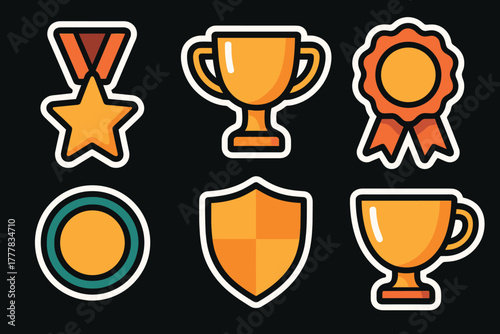 Colorful award icons set on dark background featuring trophies, medals, and shields