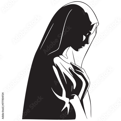 Elegant silhouette of a devout woman in prayer, evoking peace, faith, and contemplation for spiritual projects.