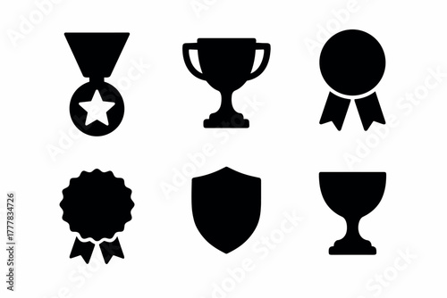 Silhouette icons medals, trophies, and awards set for achievements