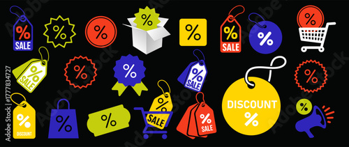 Discount flat icon vector with percentage up and down symbols. Set of price tags, coupons, promo labels, sale badges, stickers, shopping carts, and special offer icons for marketing and e-commerce.