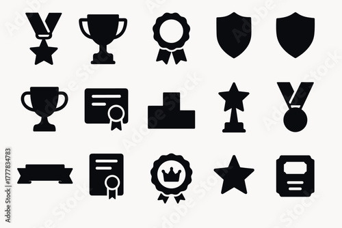 Achievement icon set awards and trophies in silhouette design for recognition and excellence