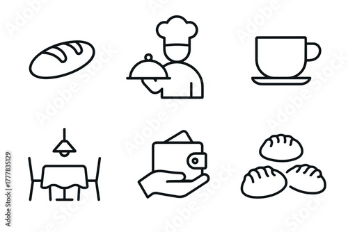 Restaurant and cafe icons chef, cup, dining table, wallet, bread, dumplings
