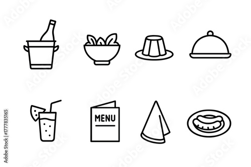 Restaurant essentials line art icons of food, drinks, and dining