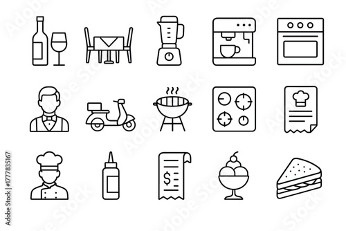 Minimalist line art kitchen and dining icons set for culinary themes