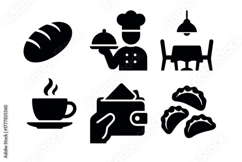 Culinary icon set chef, coffee, bread, dining, and wallet symbols in bold silhouette style