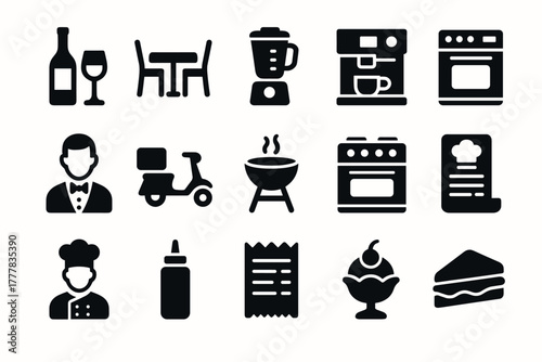 Solid kitchen and dining icons set for culinary and restaurant themes