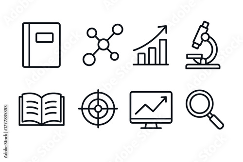 Education and research icons linear set featuring books, graphs, and microscope