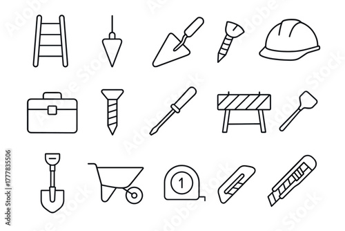 Construction tools icons set in linear style for building and repair projects