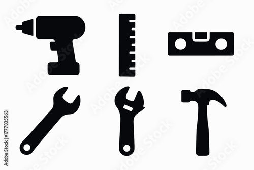 Silhouette toolkit hammer, wrench, drill, ruler, level icons for diy projects