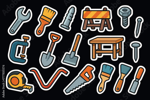 Cartoon tool kit stickers playful icons of wrench, saw, brush, and more