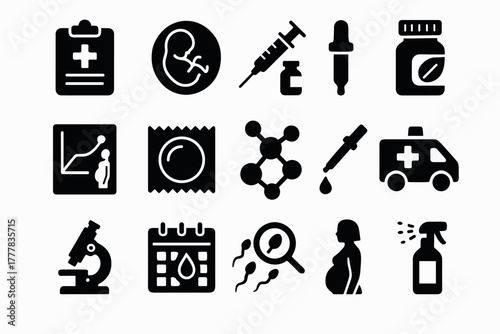Medical and healthcare icons set pregnancy, medicine and laboratory tools