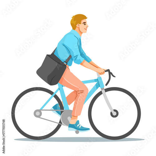 Young man riding a bicycle wearing casual clothes and messenger bag, flat graphic style, isolated on white background. Concept of eco transport. Vector illustration