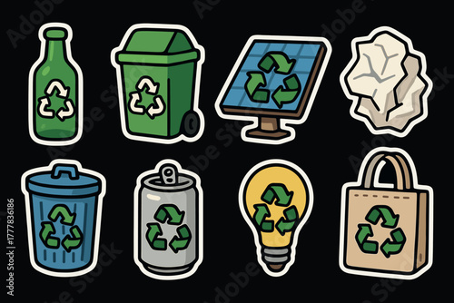 Ecofriendly recycling icons with cartoon style for sustainable living awareness