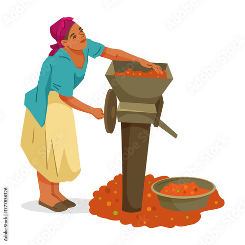 Woman grinding coffee cherries by hand in traditional machine, flat graphic style on white background. Concept of coffee bean collecting. Vector illustration