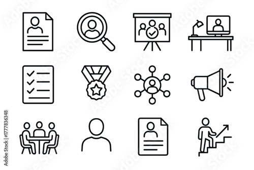 Linear icons for business teamwork, management, and recruitment symbols
