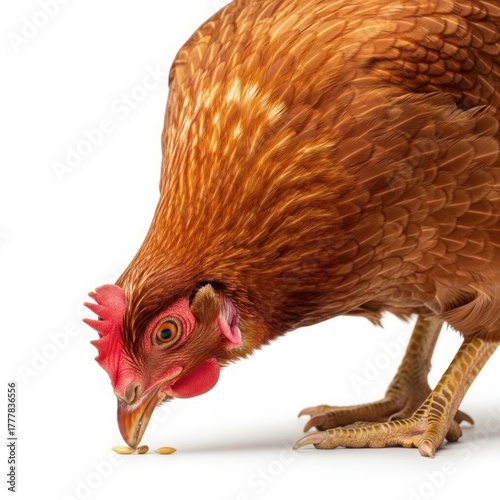 Brown hen pecking for food close up detail isolated on white background