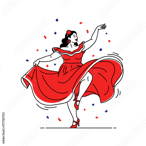 A plump woman is dancing in a red dress with confetti on a white background