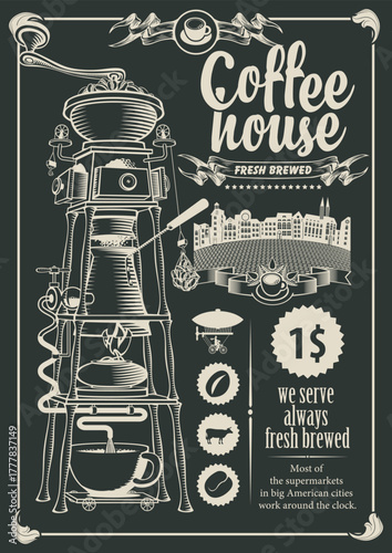 Hand drawn coffee themed banner with old city, coffee machine, beans, cups and vintage inscriptions. Suitable for logo, menu, label, signboard, shop, restaurant, cafe. No ai used