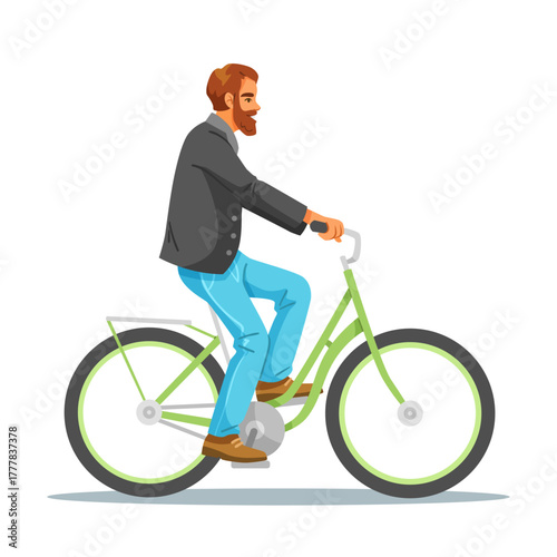 Bearded man in casual blazer rides green bicycle, cartoon style, white background. Concept of eco-friendly commuting. Vector illustration