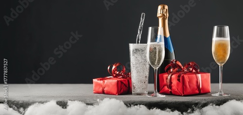 The scene showcases an ice bucket filled with champagne alongside elegant glasses and vibrant red gift boxes, perfect for celebrations