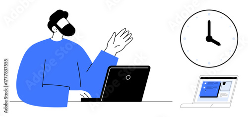 Person at desk using laptop, waving during video call. Nearby clock and additional screen visible. Ideal for remote work, time management, collaboration, conferencing, communication, productivity