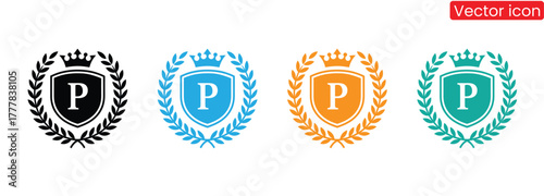 Four distinct crests feature a bold letter P within a shield framed by laurel leaves and a crown, offering versatile symbols of achievement and luxury.