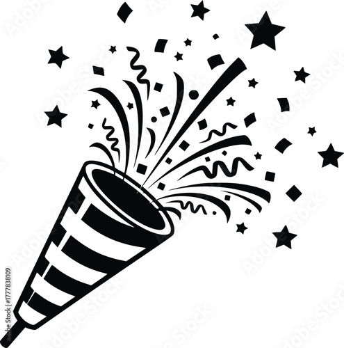 Black and White Vector of Party Popper with Confetti and Stars
