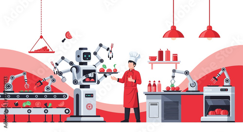 Robotic automated food processing with chef in modern kitchen concept vector illustration