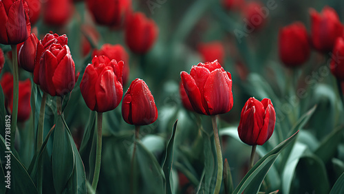 Dew-Kissed Crimson Tulips in a Moody, Panoramic Field of Muted Greens