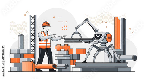 Robotic construction assistance with worker collaboration in modern building site illustration