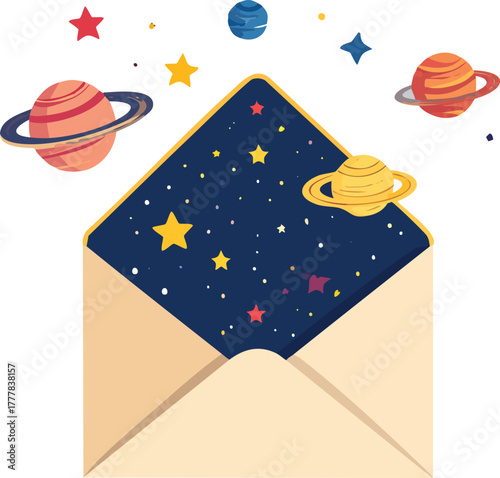 Open Envelope Releasing Planets and Stars Symbolizing Imagination and Cosmic Correspondence