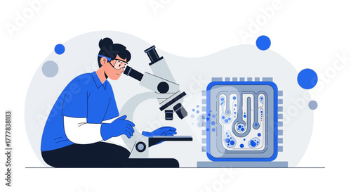 Scientist analyzes a sample using a microscope in a research laboratory setting