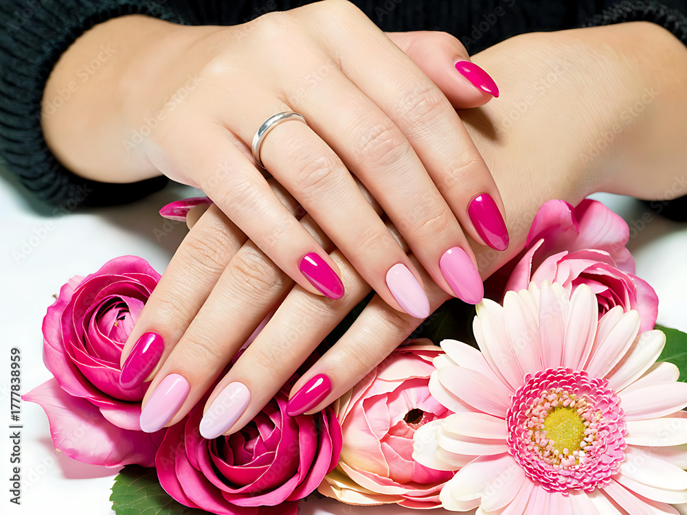 Fototapeta premium Floral Nail Art Manicure with Pink Roses: Trendsetting Hand Care, Nail Health & Beauty Lifestyle