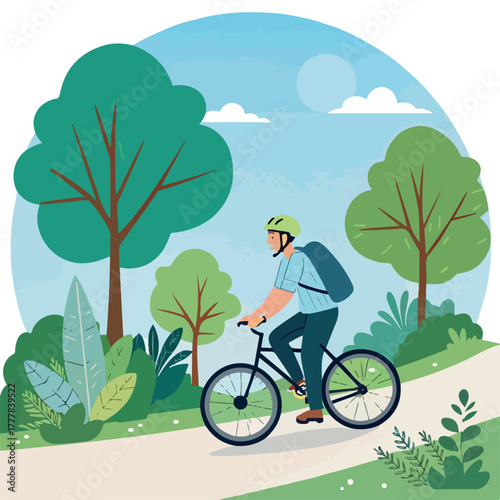 Summer fun: People biking on a mountain trail, an active cyclist on a bicycle ride through the forest, or a colorful cartoon vector illustration of a woman's cycling activity in the park