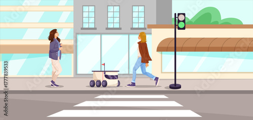 Two people and a small autonomous delivery robot crossing a street on green signal, urban background, smart city concept. Vector illustration