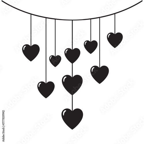 Beautiful hanging hearts garland vector design featuring multiple hearts suspended on strings in a charming arrangement. Perfect for Valentine’s Day crafts, romantic greeting cards, wall art, wedding 