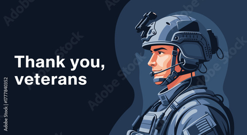 Soldier portrait with "Thank you, veterans" message, suitable for promotional materials, educational content, and Veterans Day events