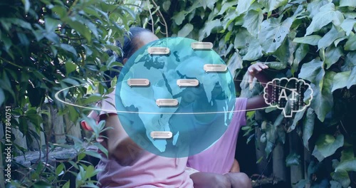 grandma plucking vine leaf activating hologram globe, grandchild guiding selection for tech demo