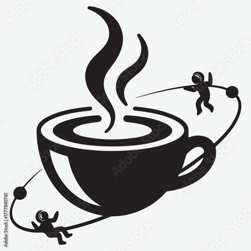 Astronauts Orbiting a Steaming Cup of Coffee, Whimsical Space Theme
