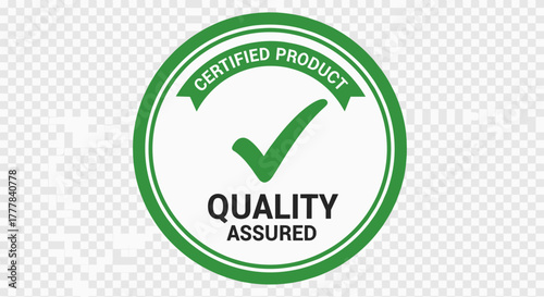 Vector  oval shaped label with green border states certified product and quality assured with checkmark